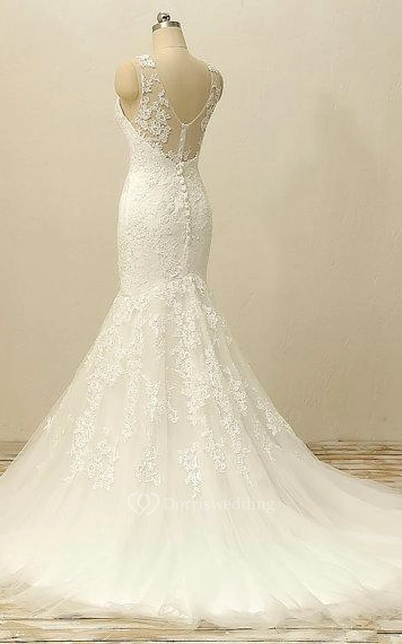 Meerjungfrauen-Kleid aus bodenlangem, plissiertem Blazer, rückenfreiem Schlüssellochausschnitt und Tüllspitze view 3