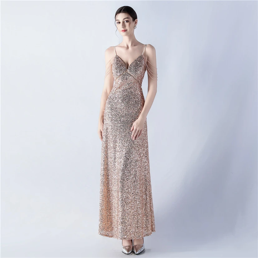 Sling A-Line Large Swing Mesh Sequin Evening Dress view 37