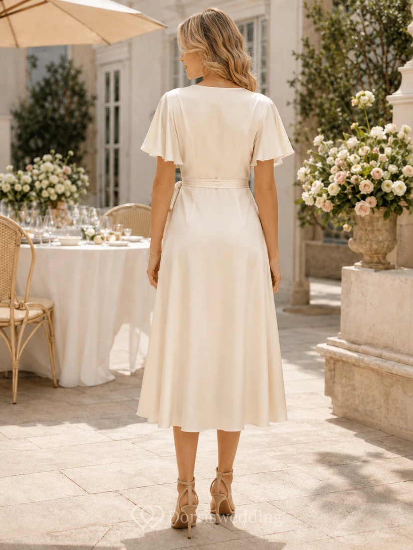 Post Wedding Brunch V Neck Flutter Sleeve Wrap Tea Length Dress view 2