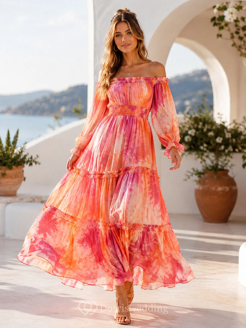 Vestido largo de playa con volantes y hombros descubiertos, estampado tie-dye color coral