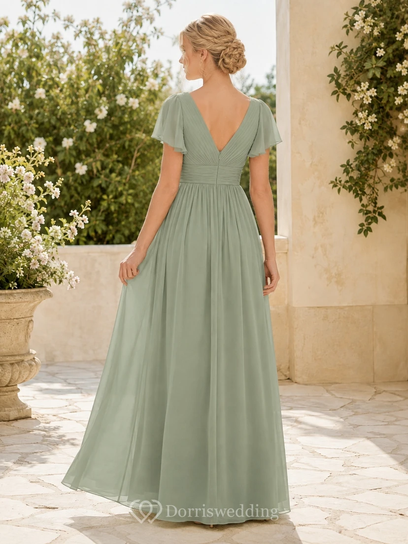 Celadonfarbenes Brautjungfernkleid für junge Damen, A-Linie, V-Ausschnitt, kurze Blütenblattärmel, elegant und romantisch view 2