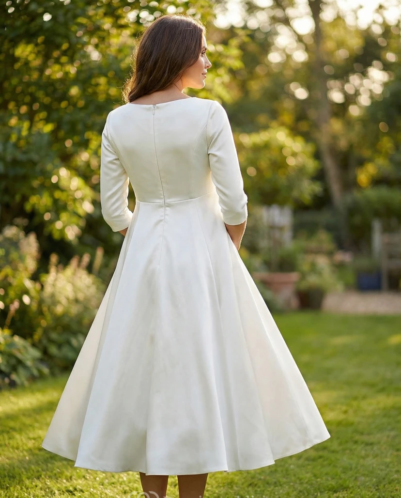 Vestido de novia premamá blanco de manga larga con escote joya. view 2