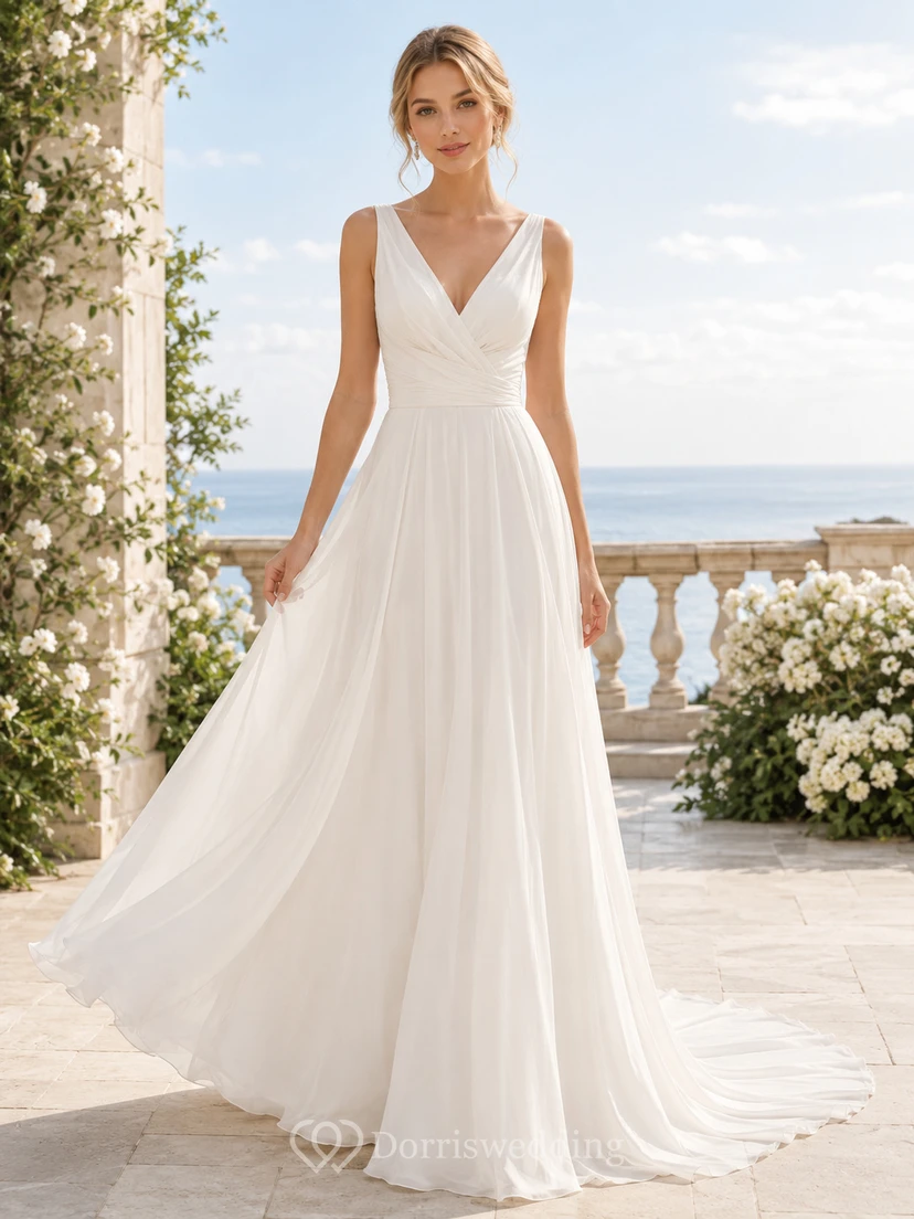 Robe de mariée en tulle, coupe trapèze, décolleté cœur, sans manches, traîne chapelle