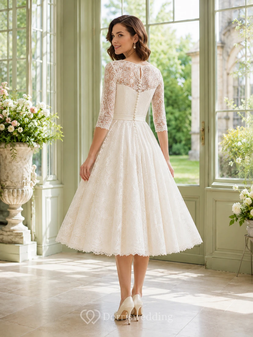 Vintage Brautkleid im Bateau-Stil mit Dreiviertelärmeln aus Spitze, A-Linie und Teelänge view 2