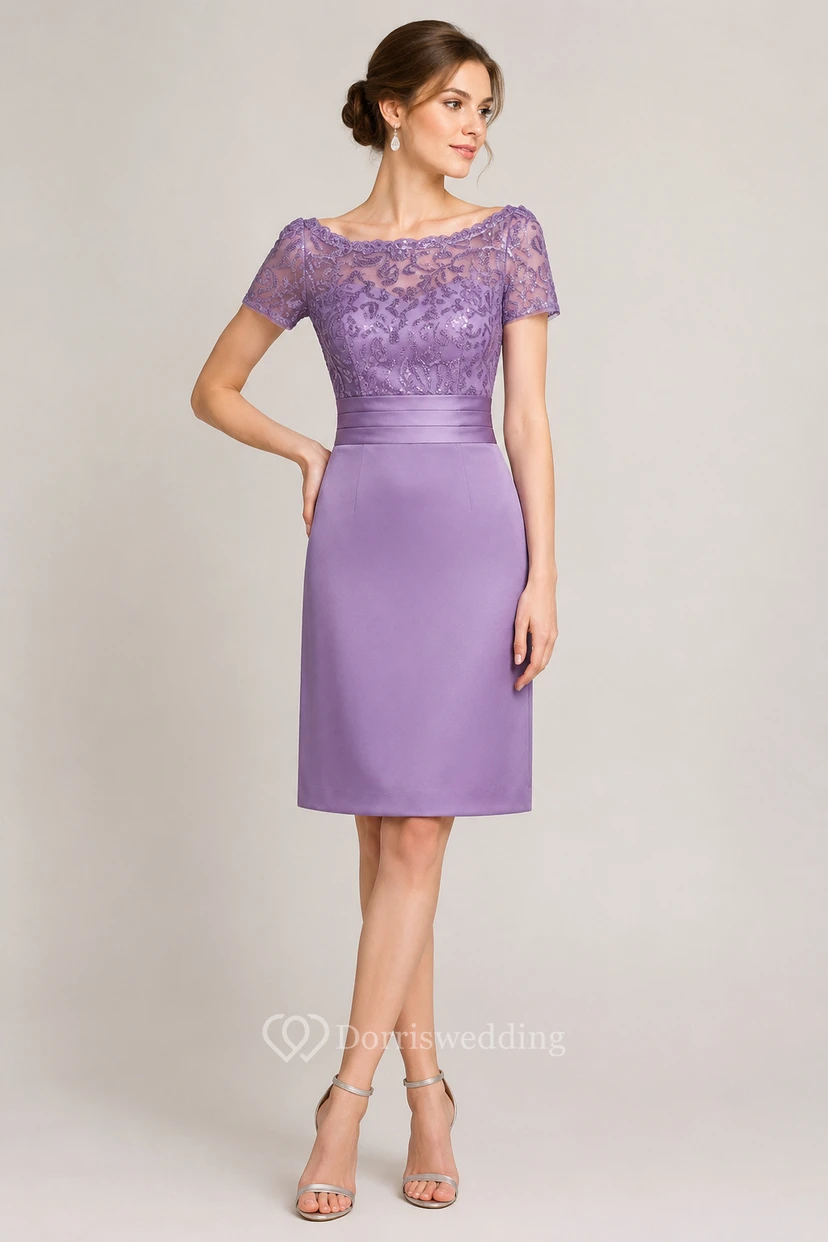 Short-Sleeved Knee-Length Mother Of The Bride Dress With Sequins And Illusion Style view 9