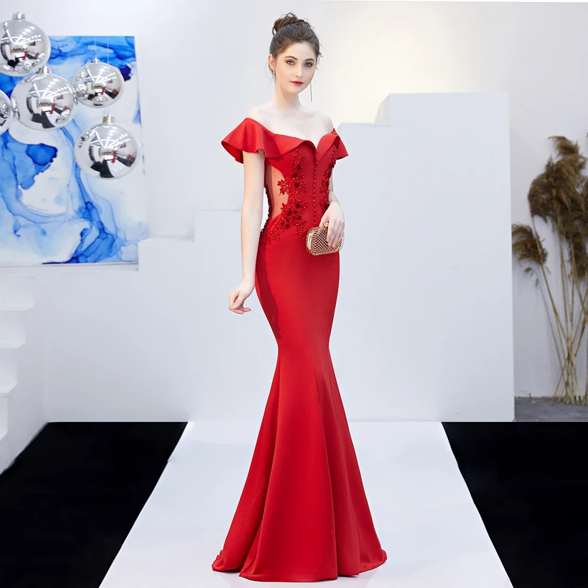 Robe de mariée longue rouge asymétrique à une épaule, coupe sirène, idéale pour un banquet ou une soirée de mariage. view 35
