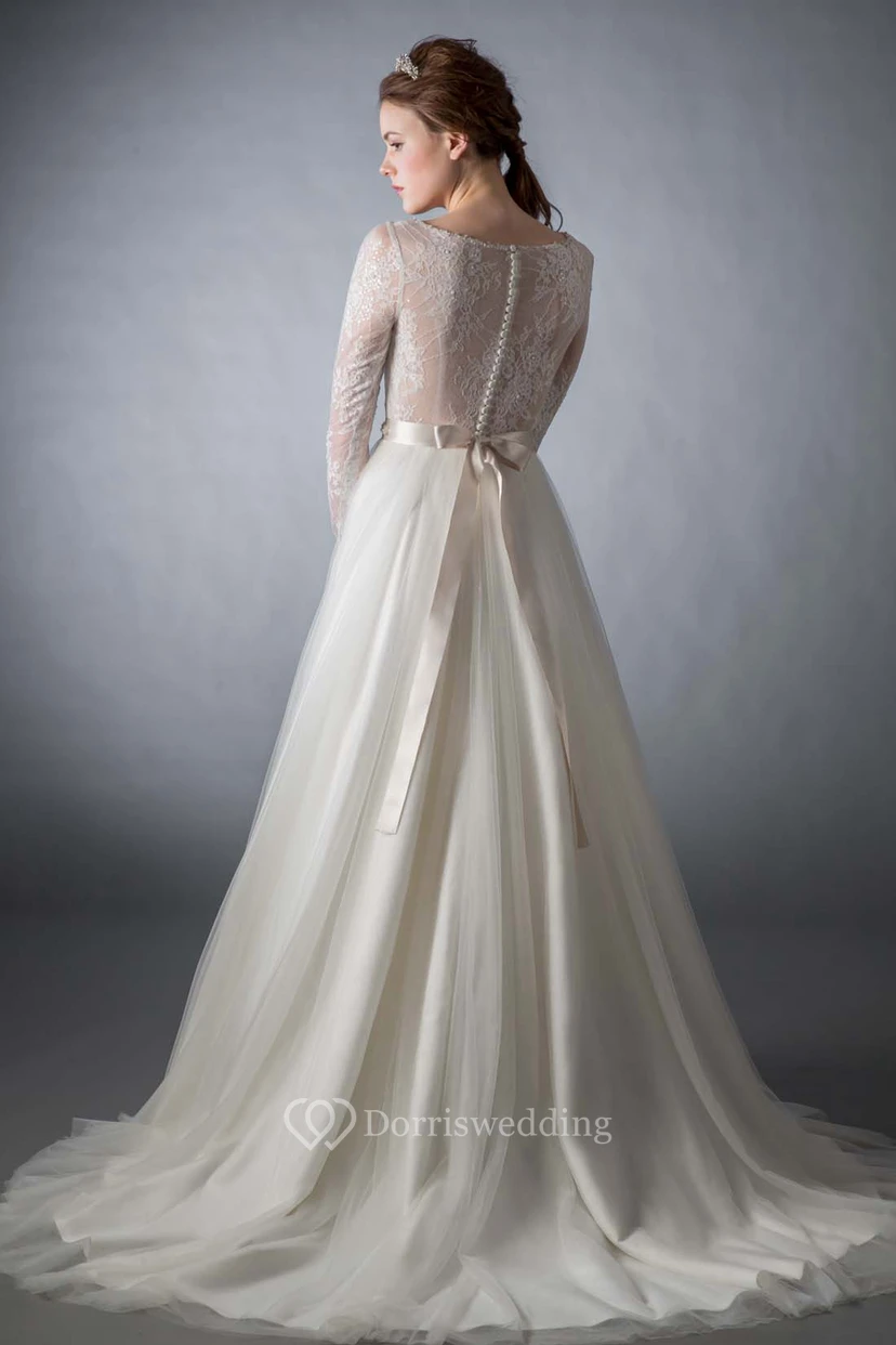A-Line Lace Scoop Neck Long Sleeve Tulle Wedding Dress view 2