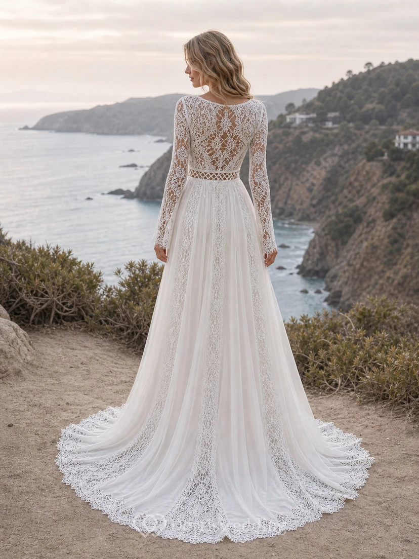 Vestido de novia sencillo de manga larga y modesto | Vestido de novia bohemio de encaje para ceremonia civil view 5