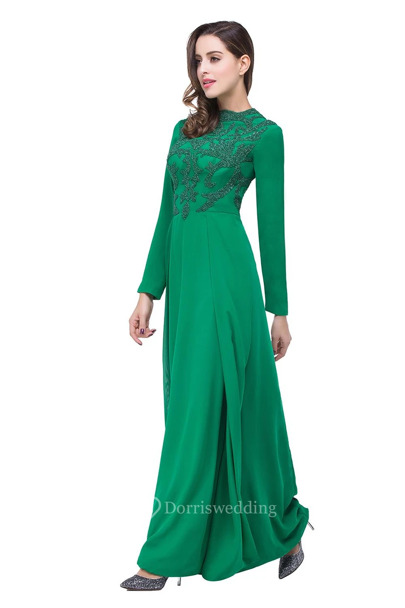 Elegant Green Long Sleeve Beadings Evening Dress Long Chiffon Party Gowns view 2