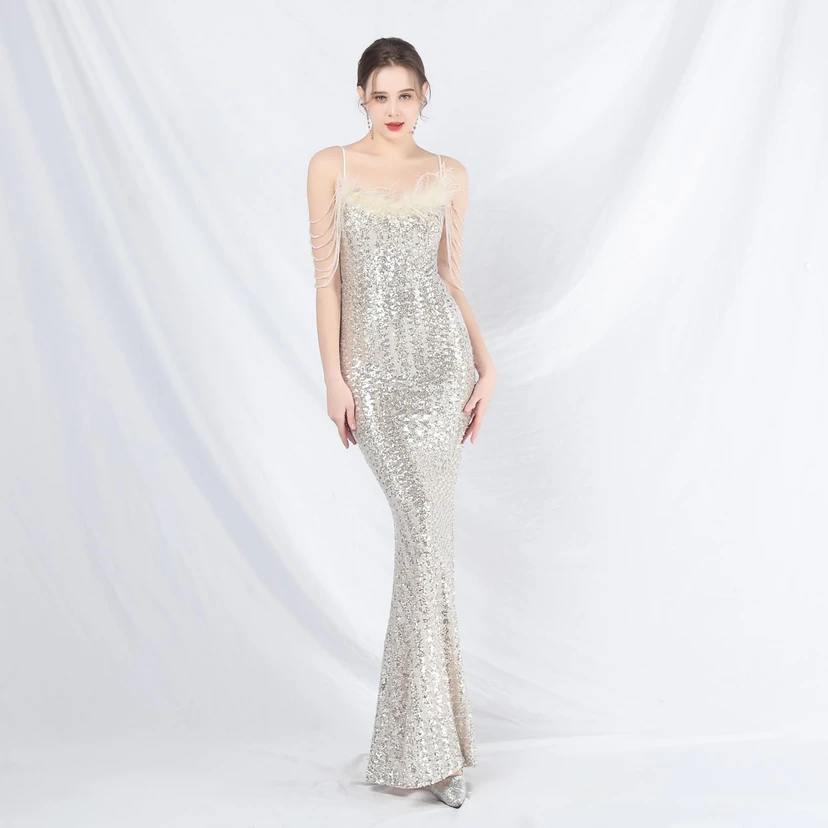 Craft Beaded Ostrich Feather Fantasy Sequined Long Evening Dress view 38