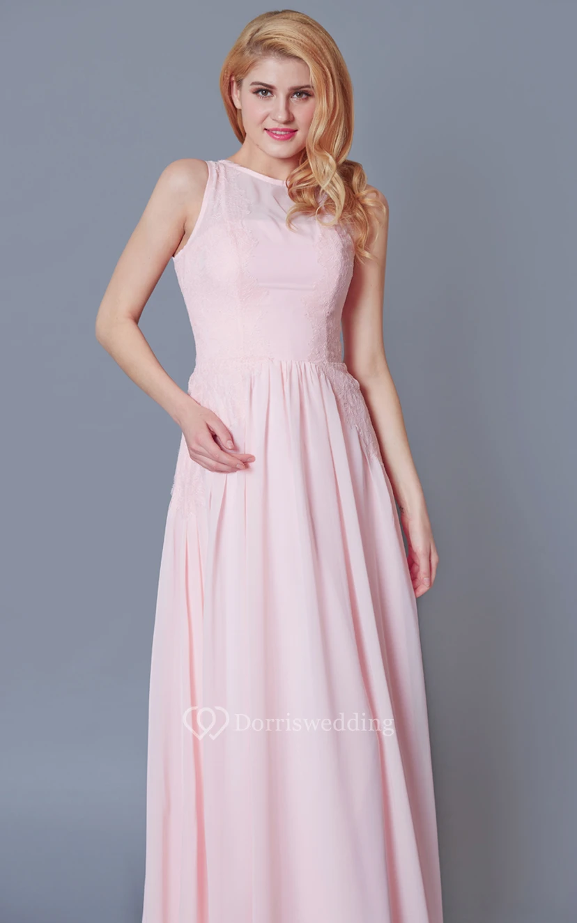 Sleeveless Scoop Neck A-line Chiffon Dress With Lace Detailing view 2