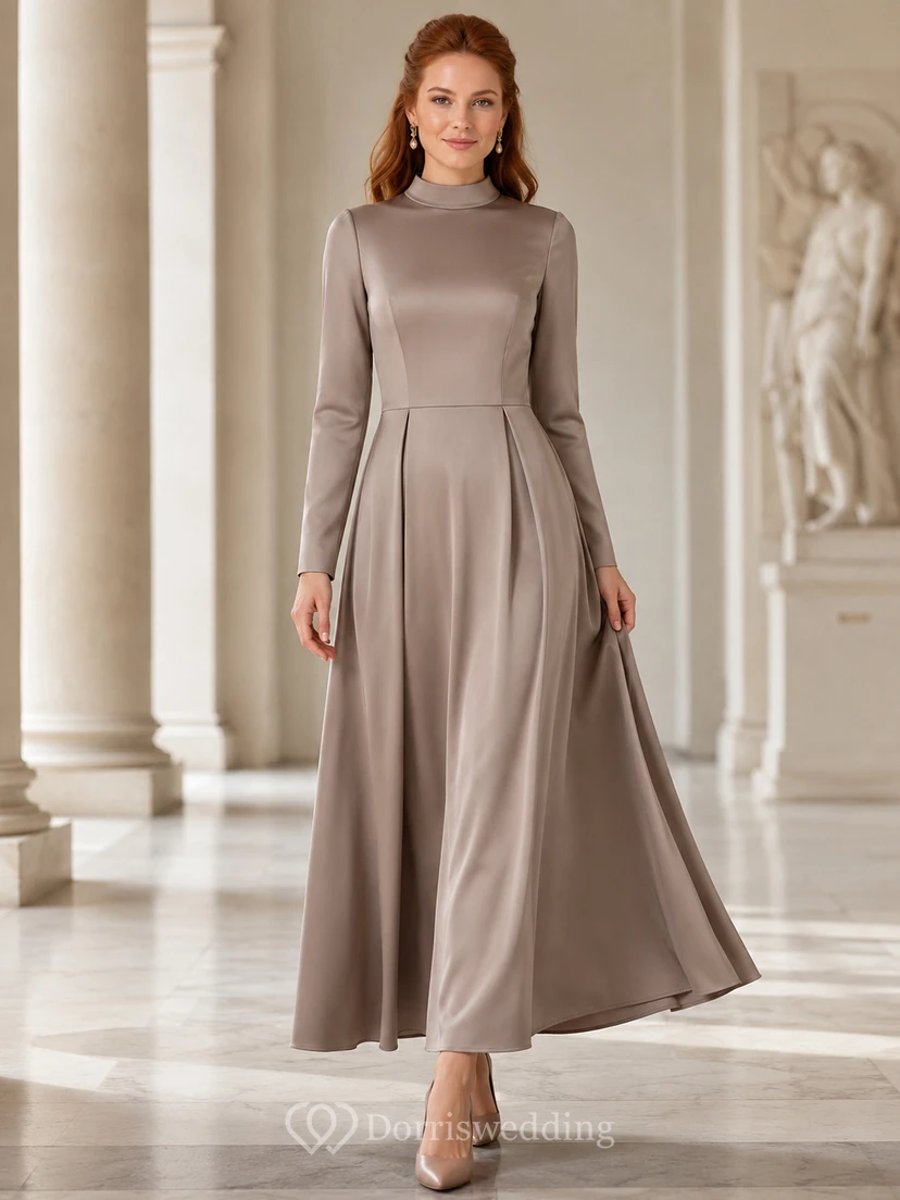 Taupefarbenes, hochgeschlossenes, langärmeliges Satin-Midikleid für konservative Anlässe