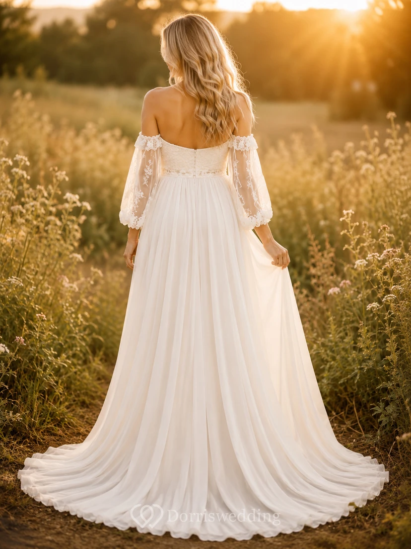 Maternity Wedding Dress Off Shoulder A-Line Tulle Gown with Lace Bodice and Sweep Train view 2