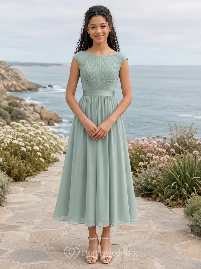 Celadonfarbenes Brautjungfernkleid für junge Damen, A-Linie, mit Schmucksteinen, kurzen Flügelärmeln, Teelänge, Falten, romantisch