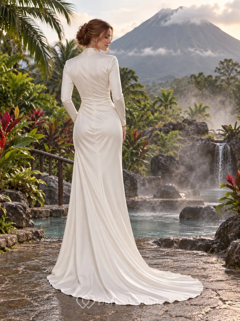 High Neck Long Sleeve Satin Wedding Dress with Ruched Waist and Split Sheath Skirt view 2