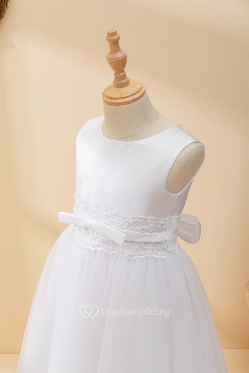 Scoop-neck A-line Empire Communion Flowergirl Dress with Beaded Waist view 5