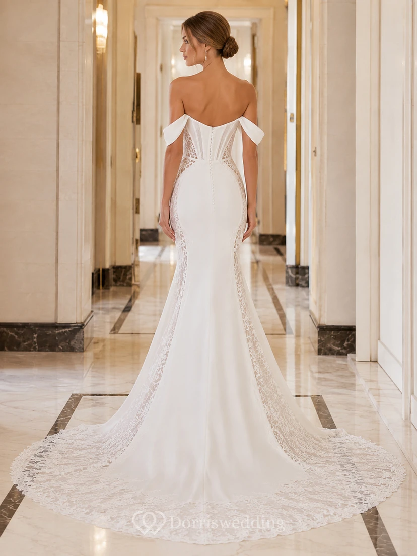 Robe de mariée sirène en satin et dentelle épurée, épaules dénudées, manches courtes et traîne chapelle, inspirée par Lakeside Bridal view 2