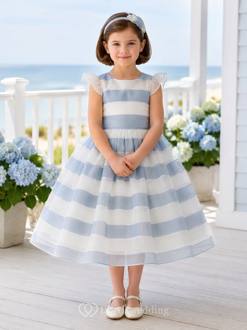 Sky Blue Striped Organza A-Line Flower Girl Dress, Short Sleeve Cap, Square Neck, Bow Back, Tea-Length Beach