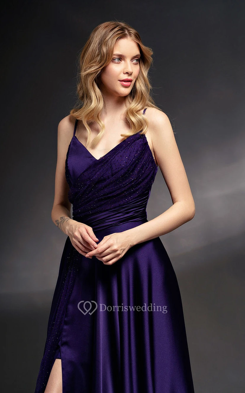 Spaghetti Party Sleeveless Side-ruched Sheath Formal Dress with Beadings view 3