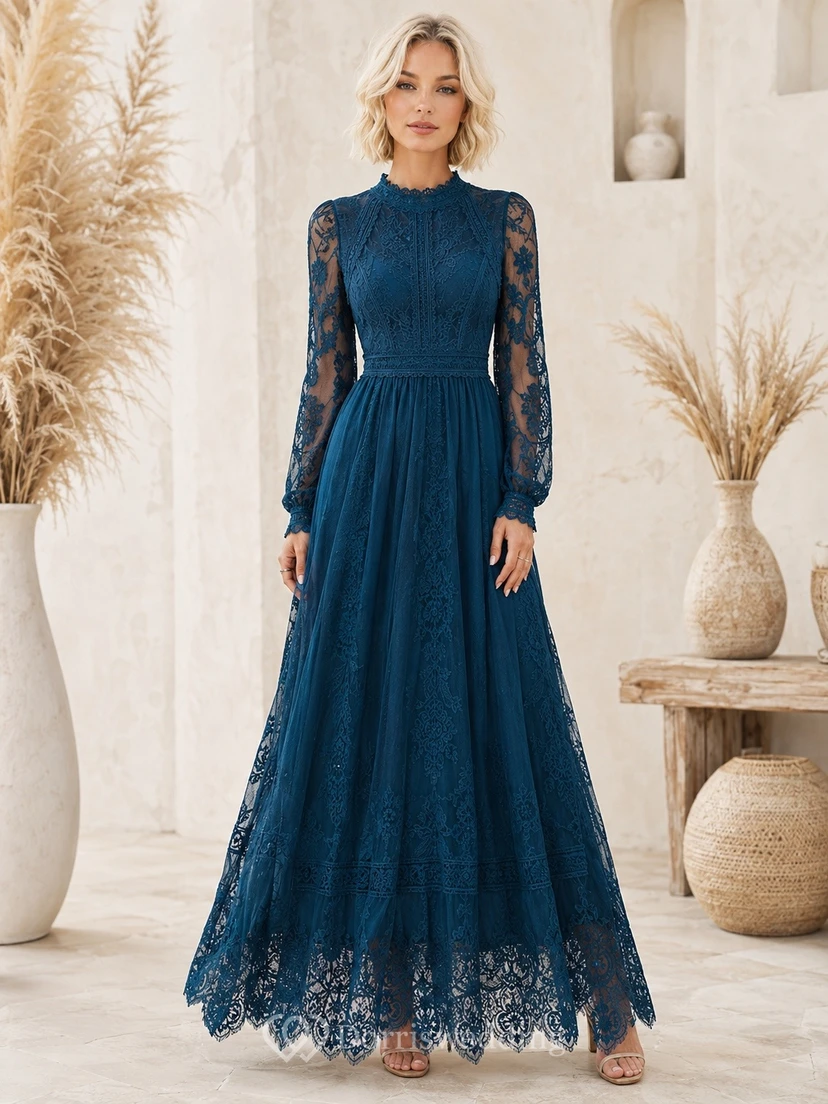 Vestido de novia vintage estilo bohemio azul marino con encaje, cuello alto y manga larga, corte en A