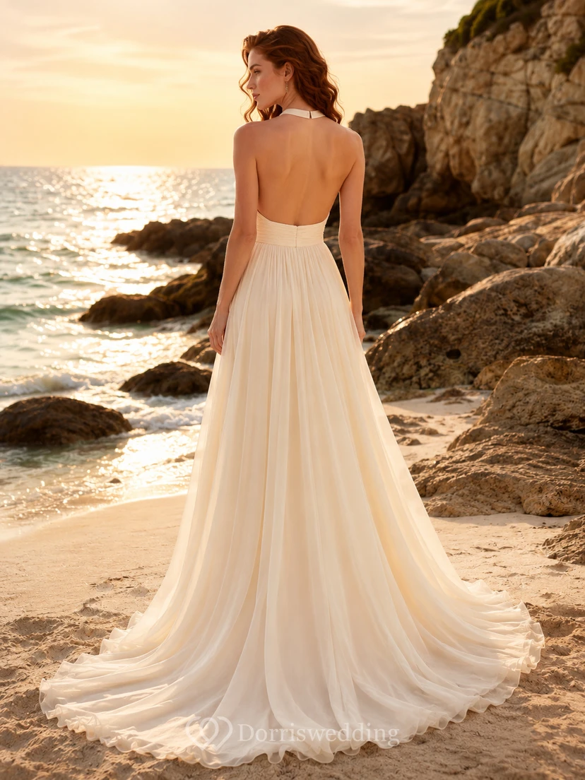 Halter Neck Pleated Chiffon Beach Sunset Bridal Gown view 2