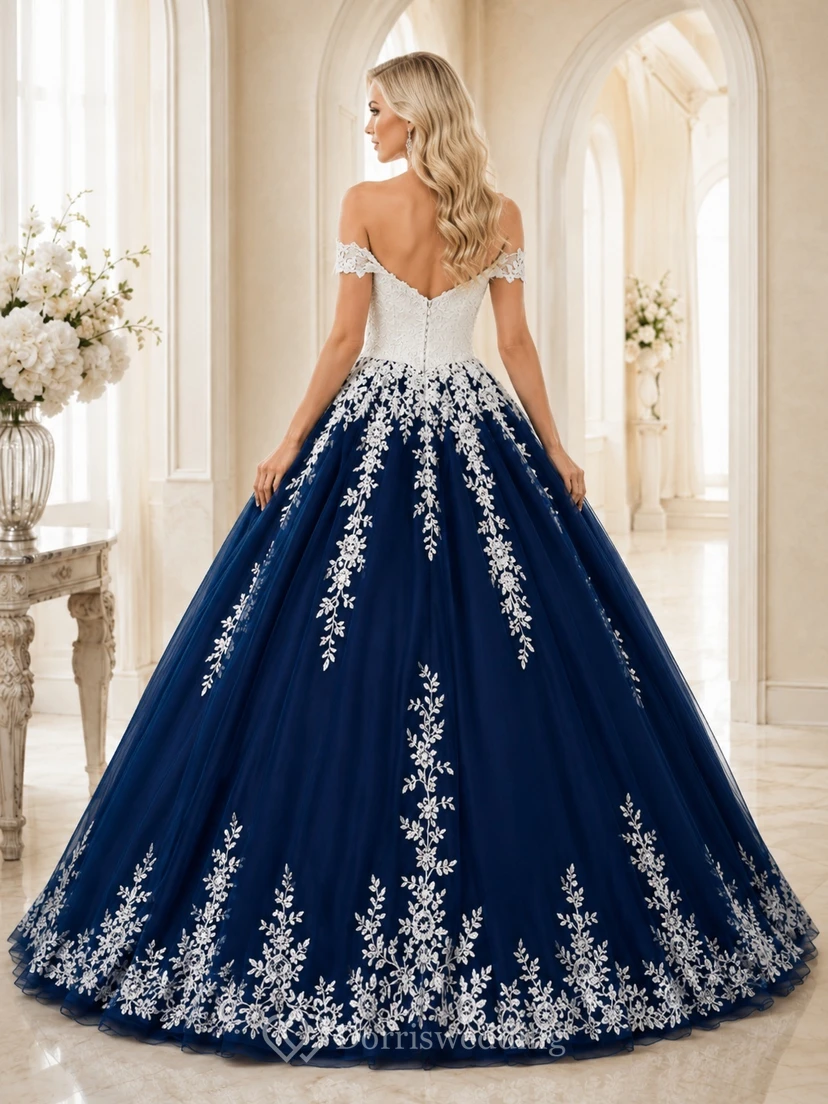 Marineblaues, botanisches Ballkleid mit schulterfreiem Schnitt, kurzen Ärmeln und Tüll-Kapellenhochzeitskleid view 2