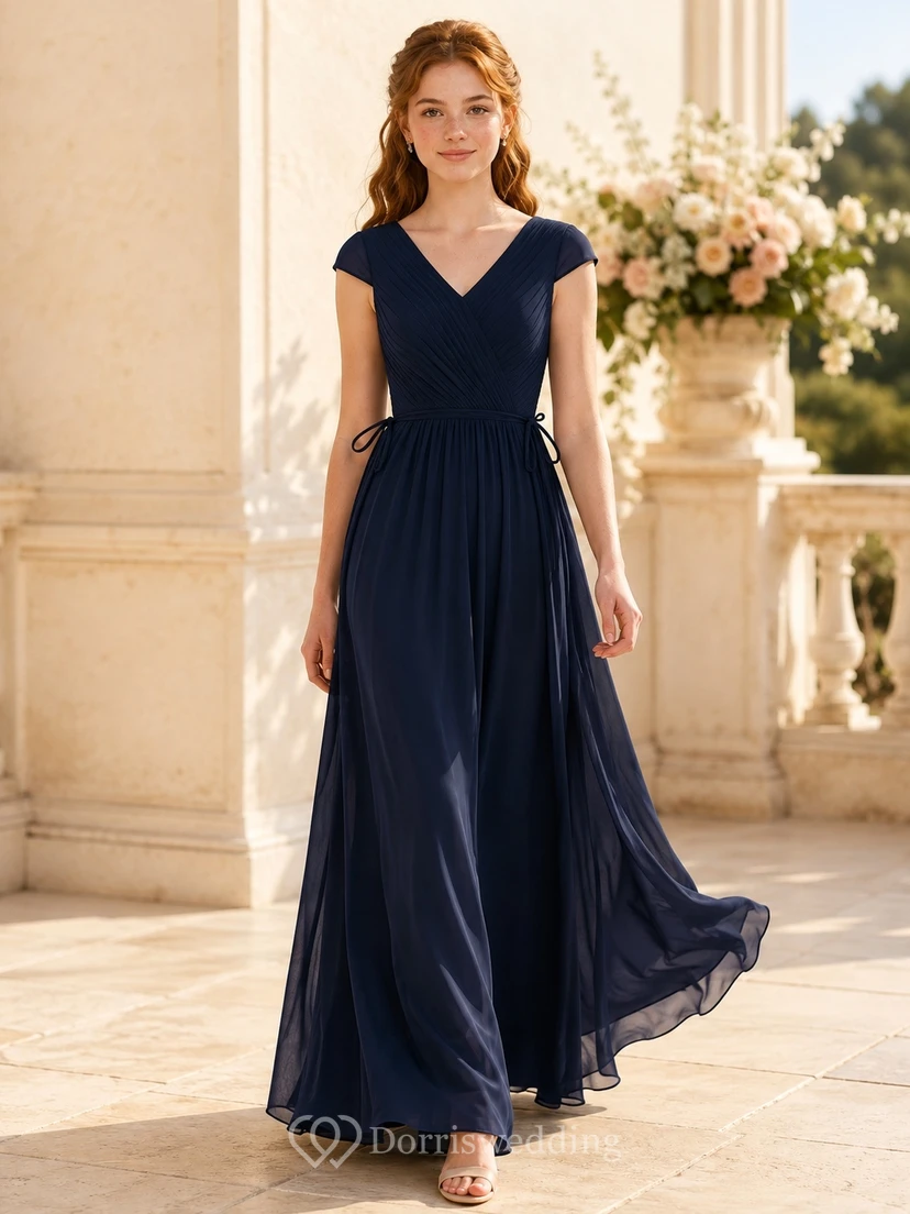 Dark Navy Junior Bridesmaid Dress A-Line V-neck Short Sleeve Cap Chiffon Waist Sash Elegant