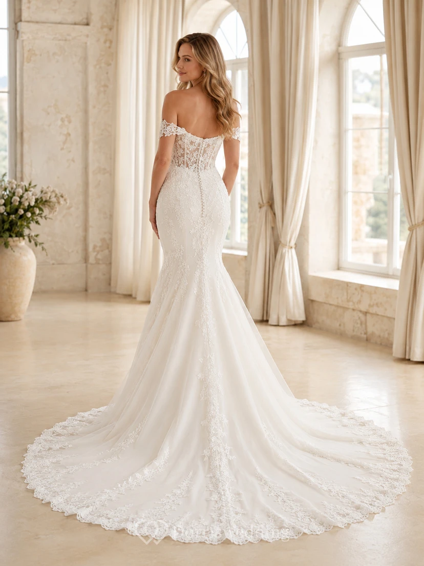 Robe de mariée sirène en satin et dentelle sans couture, épaules dénudées, manches courtes, corsage à traîne chapelle, style jardin view 2