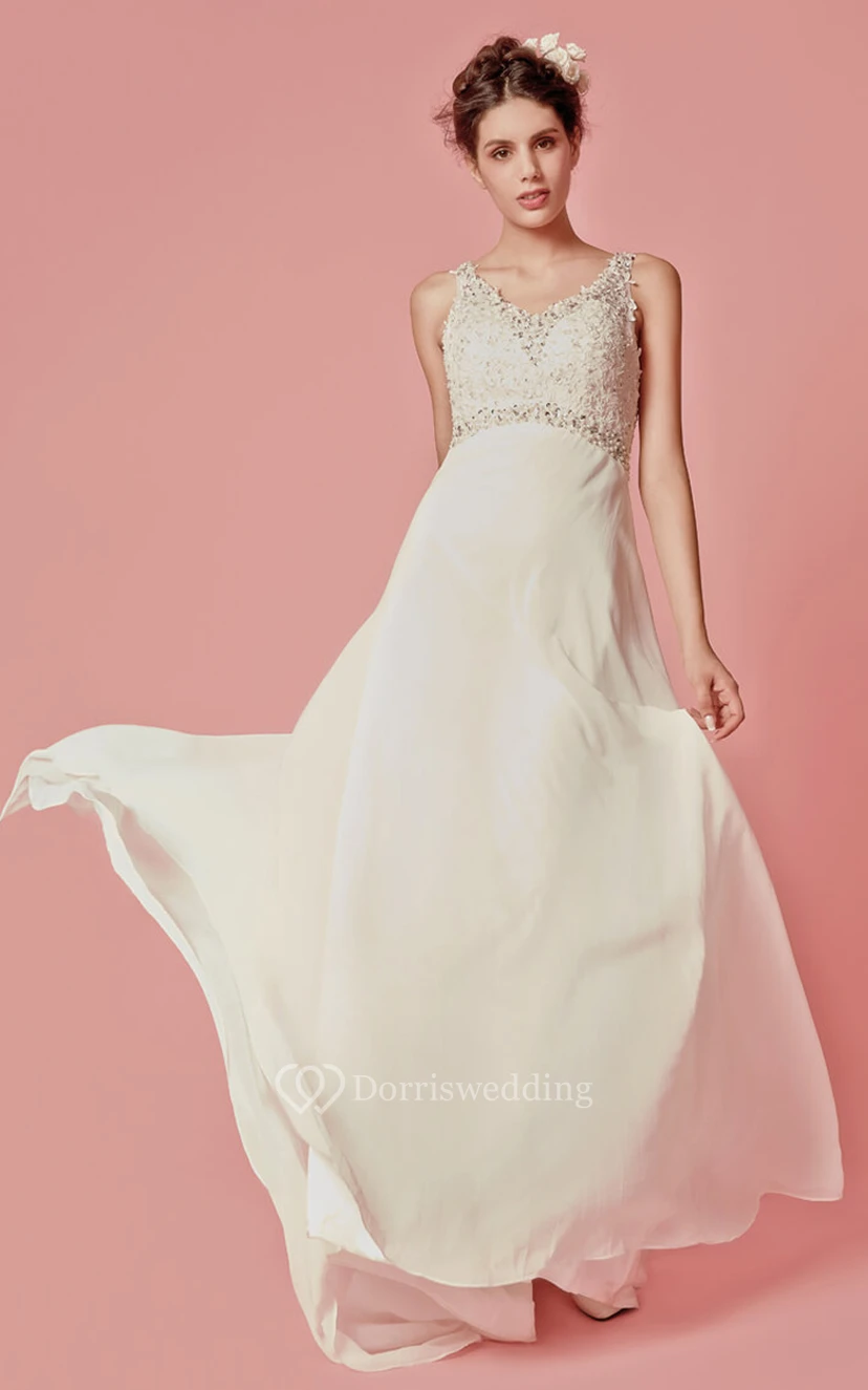 Ärmelloses, langes Chiffonkleid mit V-Ausschnitt und perlenbesetzten Spitzendetails view 3