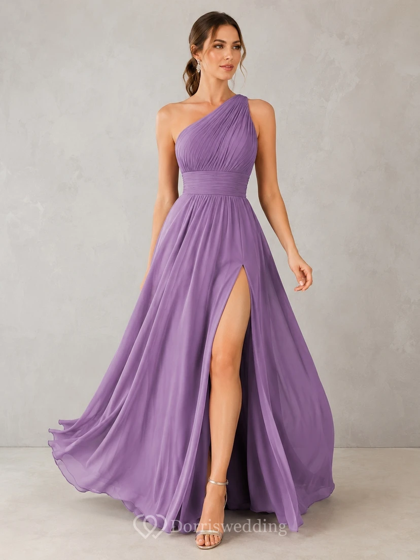 Purple Chiffon A-Line One-Shoulder Floor-Length Split Formal Prom Dress
