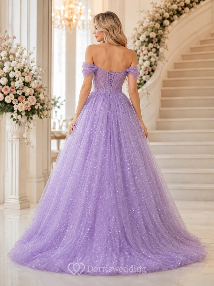 Lavendelfarbenes Glitzer-Tüll-Abendkleid mit schulterfreiem Ausschnitt und Herzausschnitt view 2