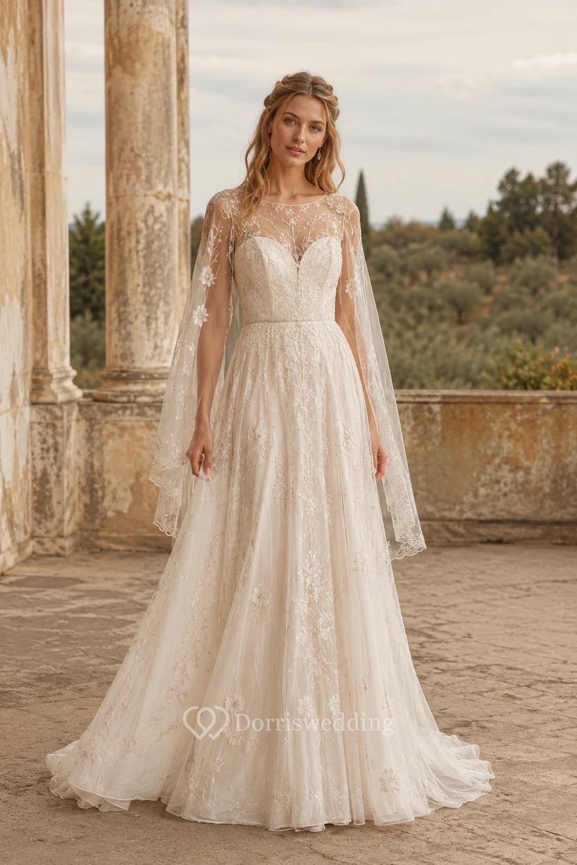 Langärmeliges Tüll-Brautkleid in A-Linie mit Spitzenoberteil