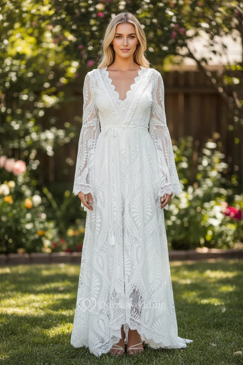 Boho Bell Sleeve Lace Vintage Wedding Dress with Train view 2