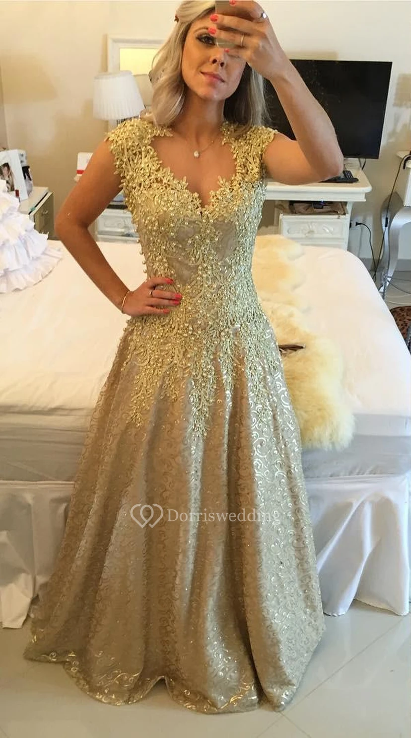 Glamorous Cap Sleeve Lace Appliques Prom Dresses Floor Length Formal Wear view 5