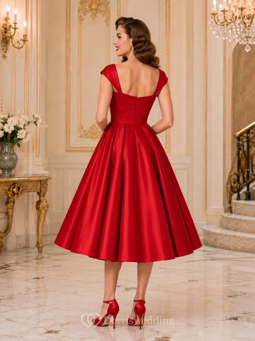Robe vintage rouge satinée à encolure cœur, manches courtes plissées, longueur thé, coupe trapèze, décolleté cœur view 2
