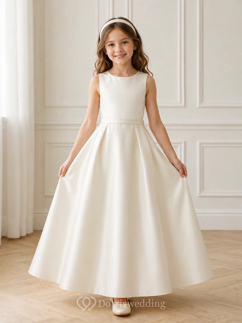 Simple Satin Button Back A-Line Flower Girl Dress with Jewel Neck, Tea-Length Skirt and Pleated Skirt