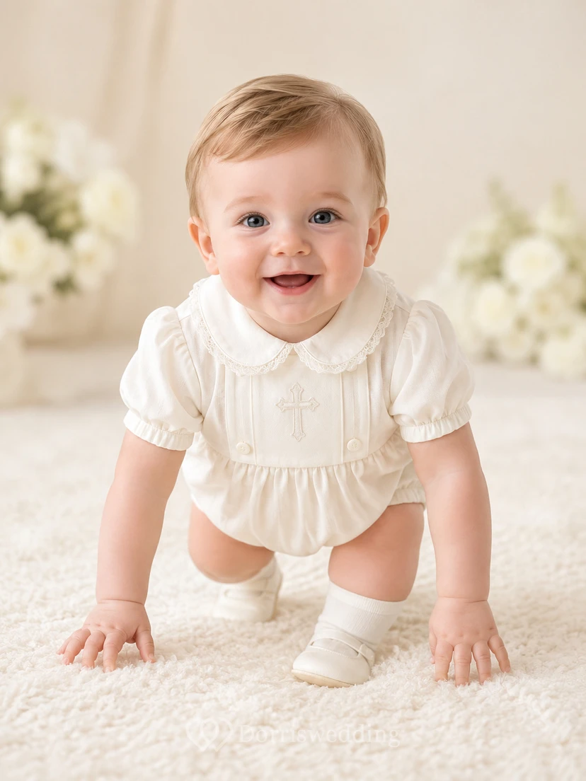 White Lace Trim Puff Sleeve Christening Baby Bubble Romper for Baby Boy