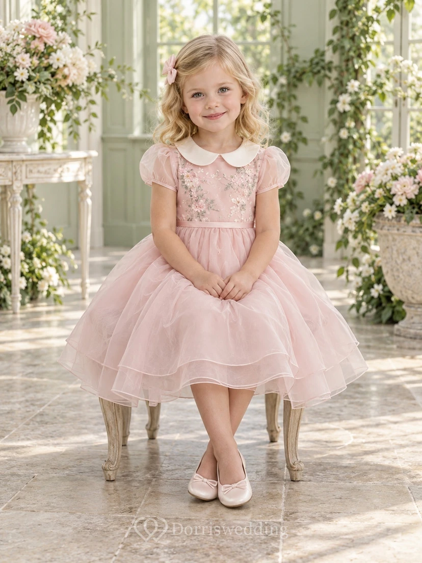 Vintage rosa A-Linien-Kleid aus Spitze und Tüll mit Kragen, Puffärmeln und Stufenrock für Blumenmädchen