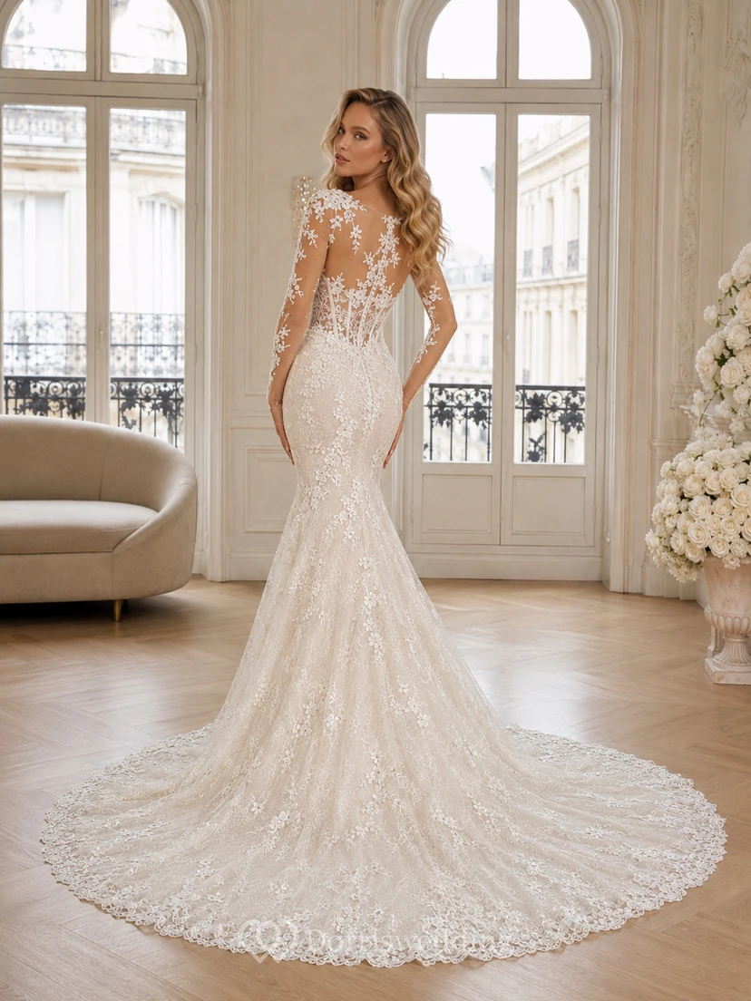 Robe de mariée asymétrique sirène en dentelle à manches longues illusion et décolleté en V plongeant cathédrale view 2
