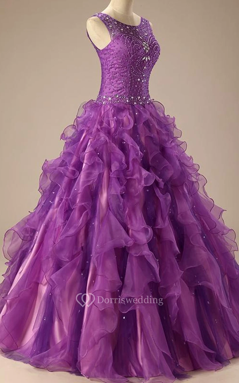 Vestido de gala largo hasta el suelo, sin mangas, con pedrería, corsé, encaje en la espalda, lentejuelas y organza satinada. view 2