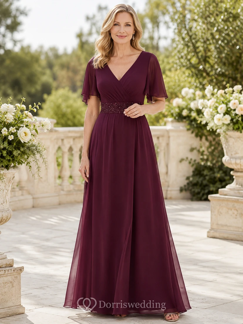Burgundy Romantic V-Neck Chiffon A-Line Floor-Length Mother of the Bride Gown with Flutter Sleeves and Beaded Waist