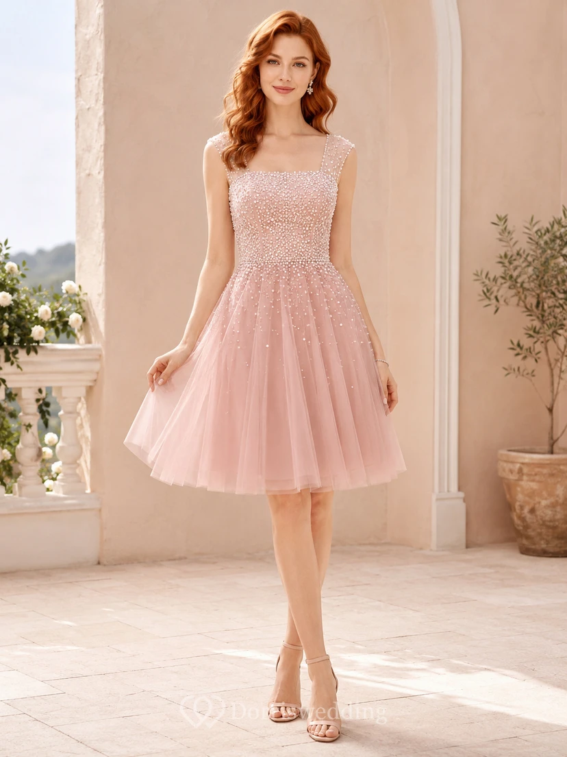 Vestido de cóctel de corte A con tul y perlas color rosa pálido