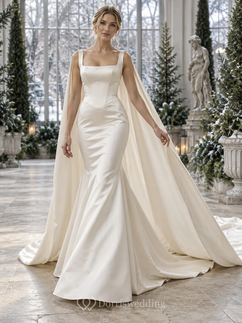 Vestido de novia de invierno sencillo, de satén, con escote cuadrado y capa.