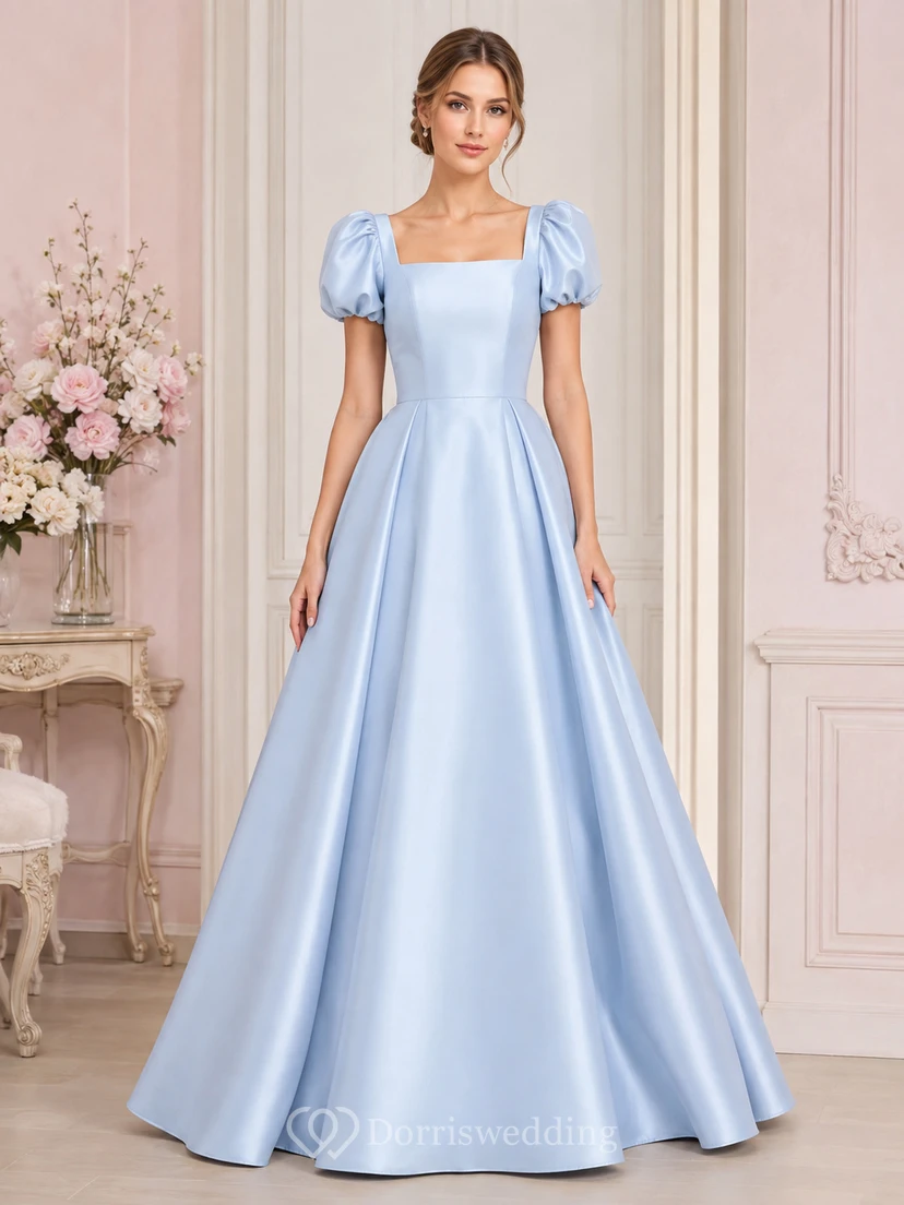 Elegante vestido de fiesta vintage de satén azul cielo con cuello cuadrado y mangas abullonadas, ideal para debutantes.