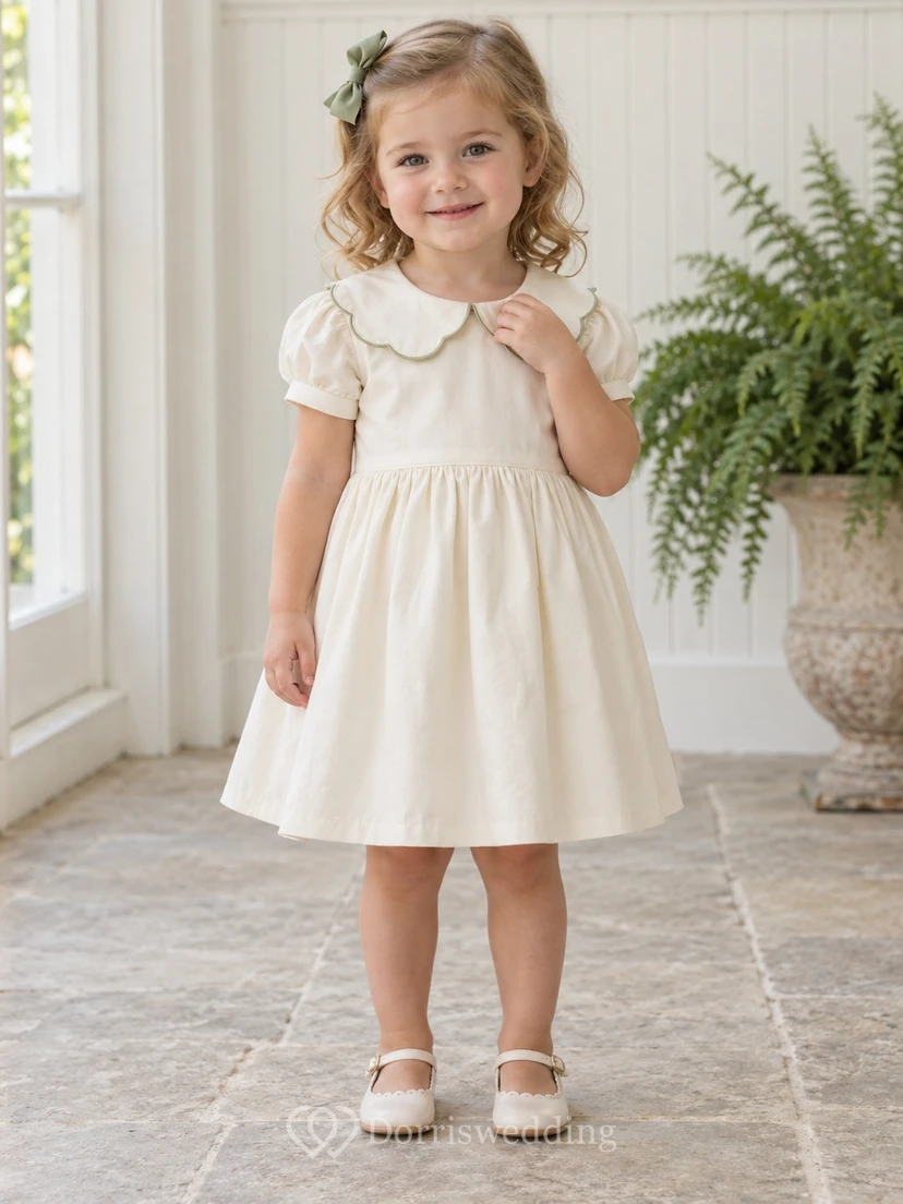 Modest Cream Knee Length Broad Scalloped Collar Small Puff Sleeve Satin Flower Girl Dress view 2