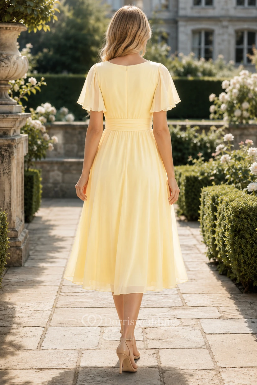Daffodil V-Neck Flutter Sleeve Chiffon Tea-Length Dress view 2