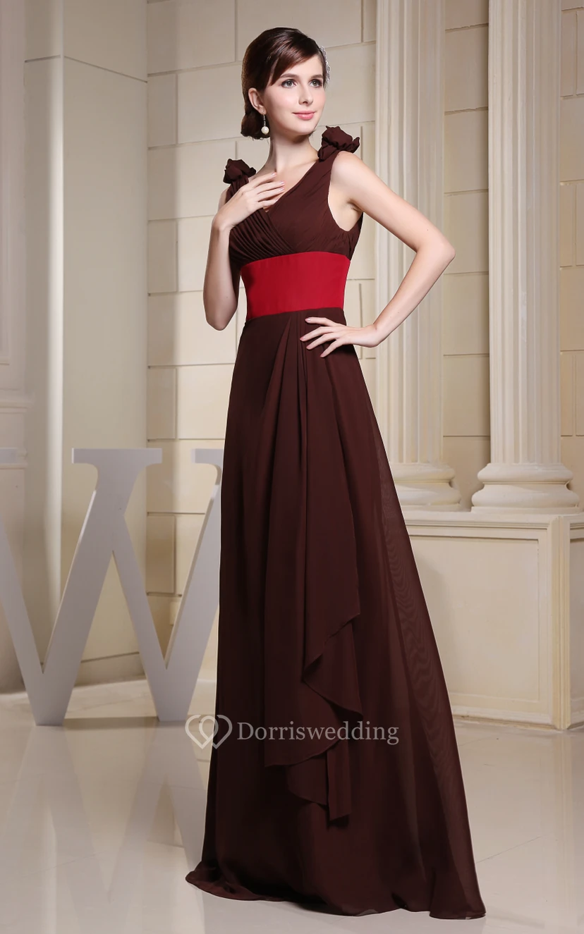 Muti-Color V-Neck Ruched Maxi Dress With Ruching and Flower view 3