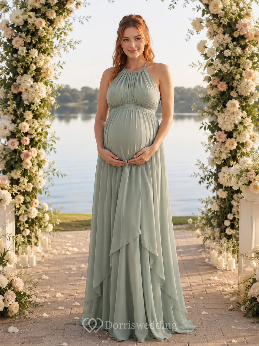 Salbeigrünes, halterloses, drapiertes Chiffon-Umstandskleid im Empire-Stil
