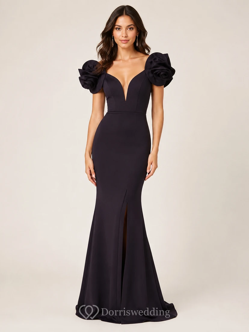 Black Deep V-Neck Rose Sleeve Mermaid Evening Gown