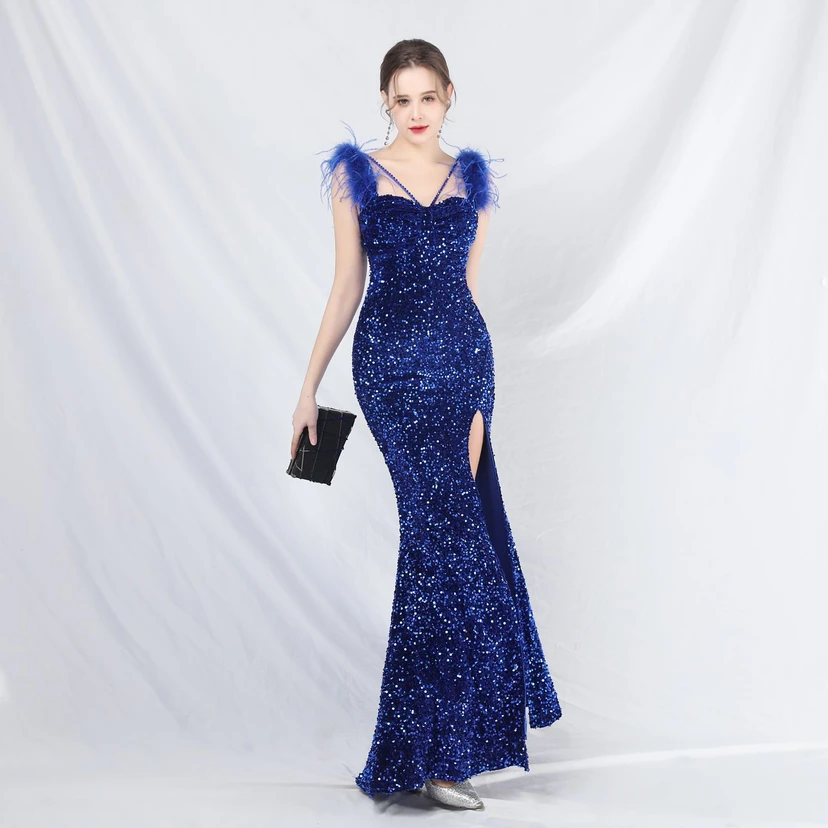 Craft Beaded Ostrich Feather Plush Sequined Long Evening Dress view 23